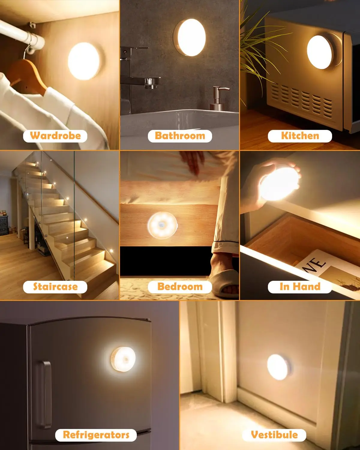 USB Rechargeable LED Night Light Motion Sensor Magnetic Wireless Lamp, Warm White No Flicker for Closet Bed Cabinet