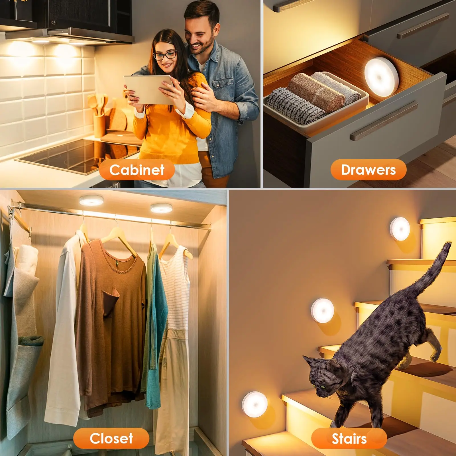 USB Rechargeable LED Night Light Motion Sensor Magnetic Wireless Lamp, Warm White No Flicker for Closet Bed Cabinet