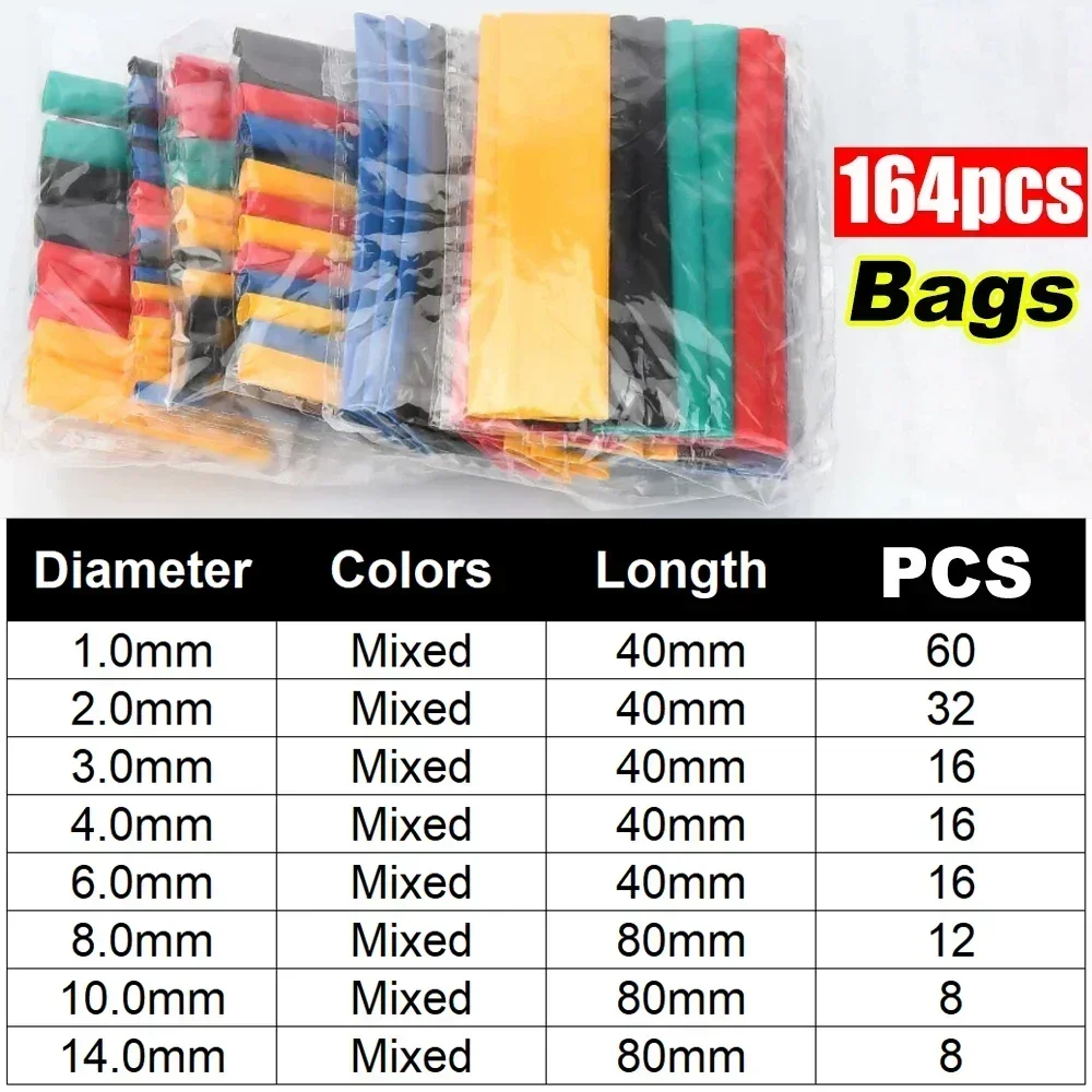 164PCS 2: 1 Cable Shrink Tube Kit Heat Assorted Pack Thermoretractile Insulation Sleeving Cable Wire Shrink Wrapping for DIY