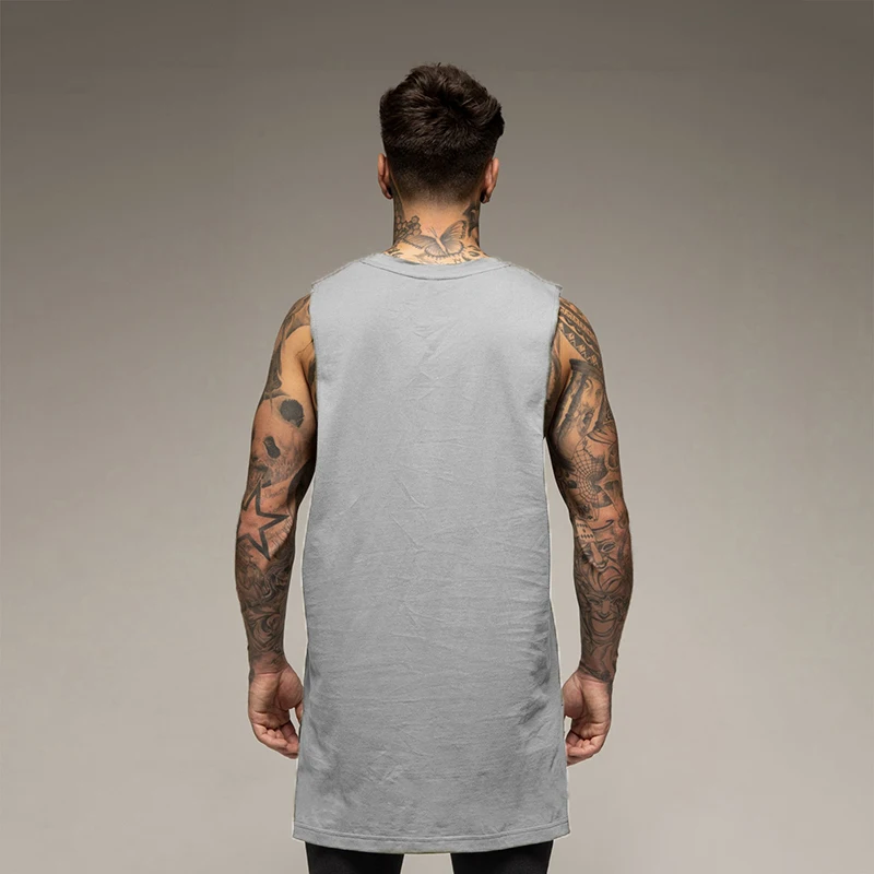 Mens Casual Gym Tank Top Summer Fitness Clothing Cotton Workout Sports Sleeveless Shirt Male Extend Long Singlet Hip Hop Vest