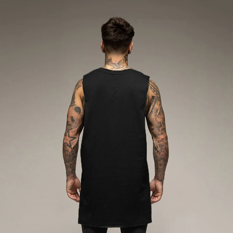 Mens Casual Gym Tank Top Summer Fitness Clothing Cotton Workout Sports Sleeveless Shirt Male Extend Long Singlet Hip Hop Vest