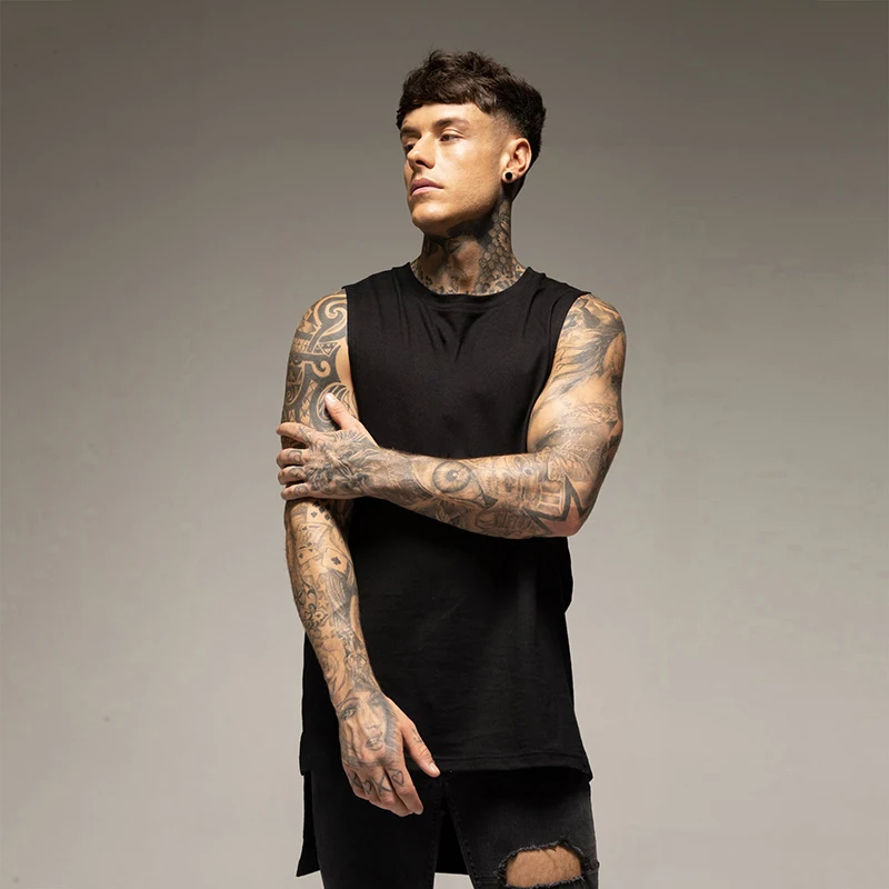 Mens Casual Gym Tank Top Summer Fitness Clothing Cotton Workout Sports Sleeveless Shirt Male Extend Long Singlet Hip Hop Vest