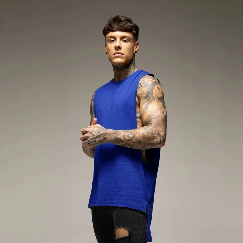 Mens Casual Gym Tank Top Summer Fitness Clothing Cotton Workout Sports Sleeveless Shirt Male Extend Long Singlet Hip Hop Vest