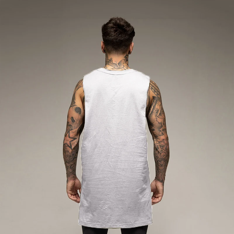 Mens Casual Gym Tank Top Summer Fitness Clothing Cotton Workout Sports Sleeveless Shirt Male Extend Long Singlet Hip Hop Vest