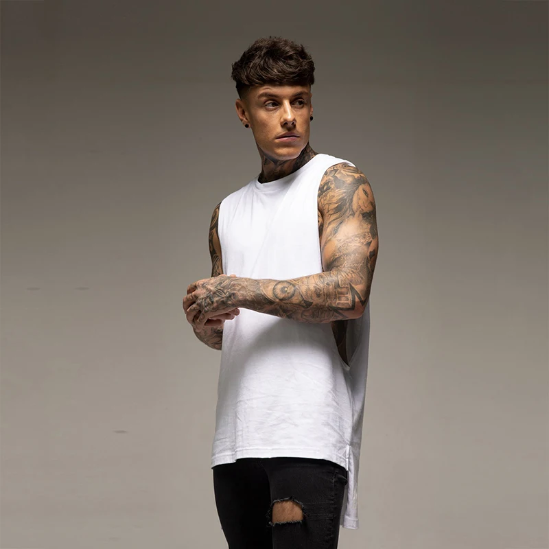Mens Casual Gym Tank Top Summer Fitness Clothing Cotton Workout Sports Sleeveless Shirt Male Extend Long Singlet Hip Hop Vest