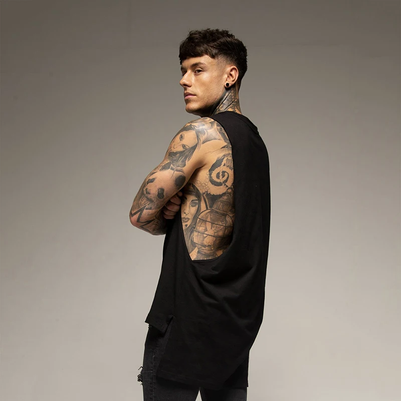 Mens Casual Gym Tank Top Summer Fitness Clothing Cotton Workout Sports Sleeveless Shirt Male Extend Long Singlet Hip Hop Vest