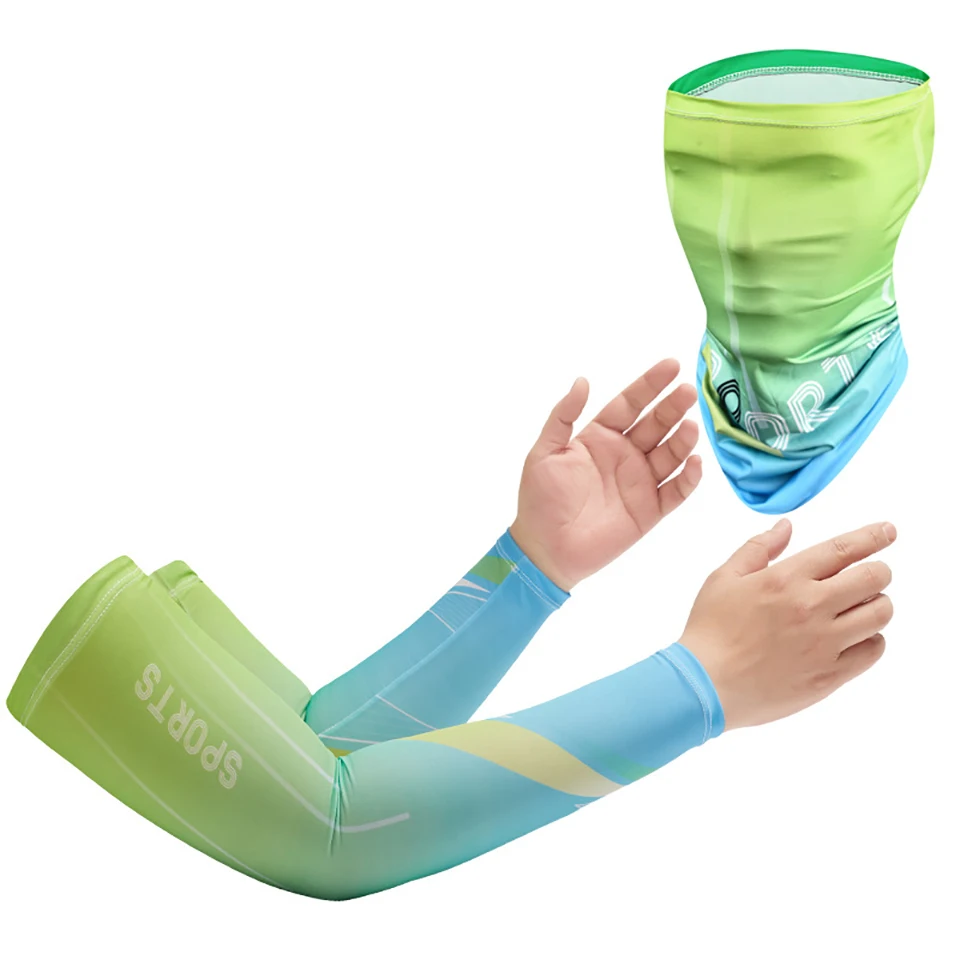 2Pcs Set Summer Ice Silk Cycling Arm Sleeves Breathable Bandana Mask Combination Suit Elastic Cold UV Sun Protection