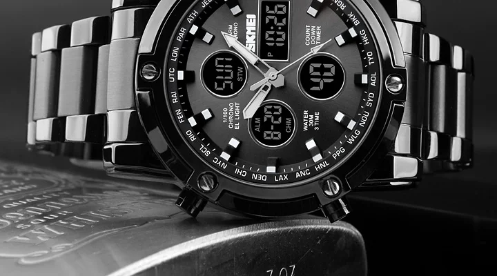 Skmei 3 Time Back Light Display Digital Watches Mens Full Steel Strap Quartz Wristwatch Countdown Clock Relogio Masculino