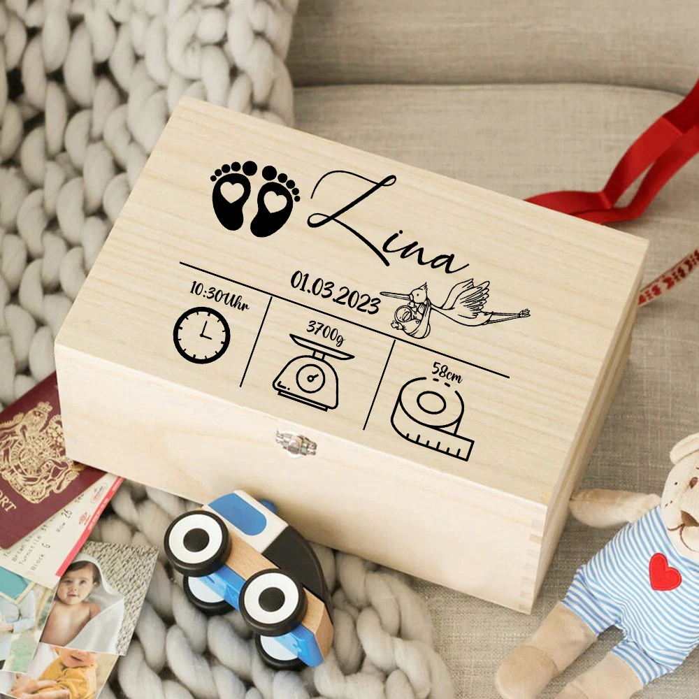 Custom Baby Wooden Memory Box Newbron Shower Gift Personalized Infant Keepsake Box Baby Birth Stats Box Umbilical Cord Box