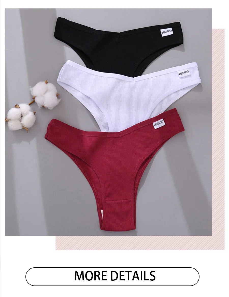 FINETOO 3PCS/Set Women's Panties Cotton Brazilian Underwear Women Sexy V Waist Women's Thong Female Underpants Intimate Lingerie