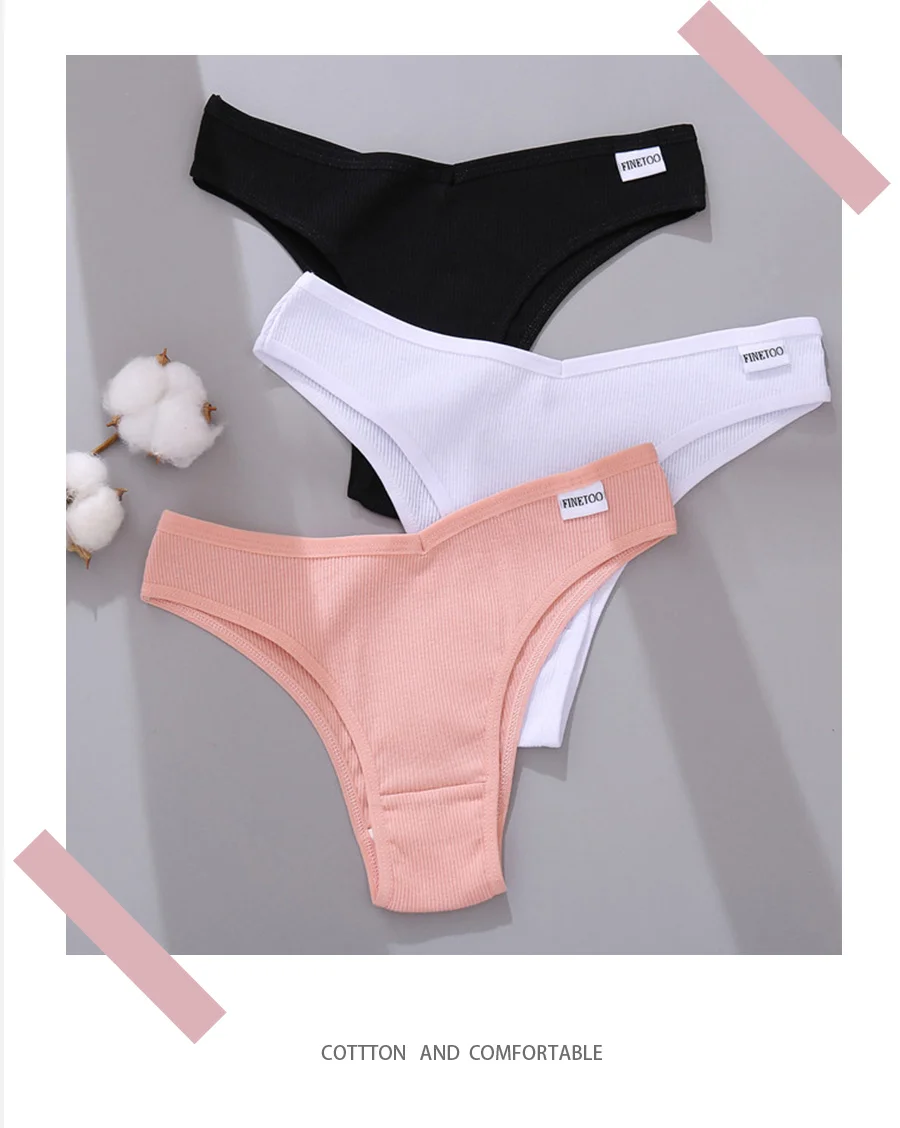 FINETOO 3PCS/Set Women's Panties Cotton Brazilian Underwear Women Sexy V Waist Women's Thong Female Underpants Intimate Lingerie