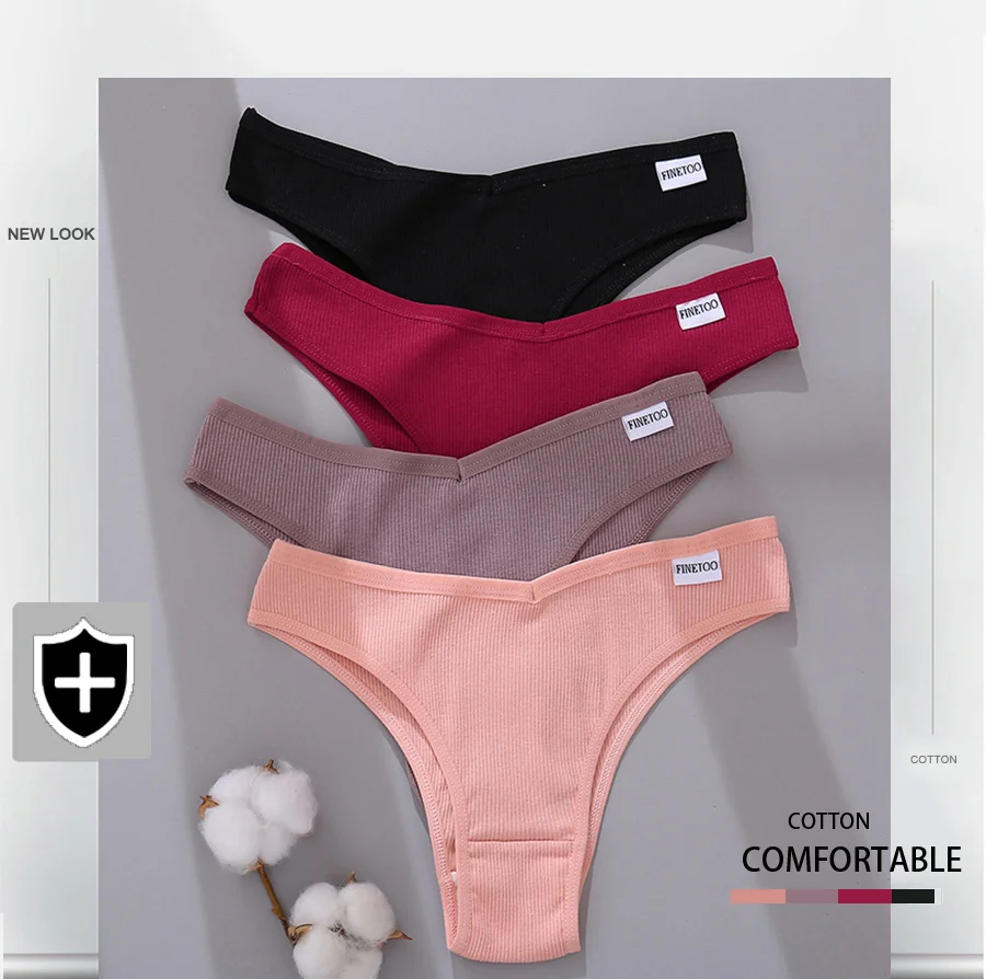 FINETOO 3PCS/Set Women's Panties Cotton Brazilian Underwear Women Sexy V Waist Women's Thong Female Underpants Intimate Lingerie
