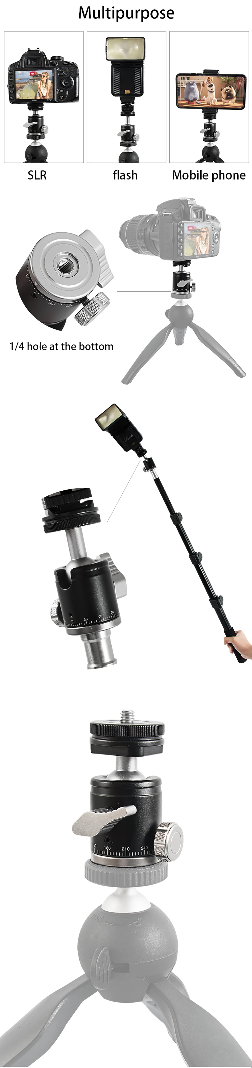 BEXIN K19 Mini Cold Shoe Ball Head Dual Use 1/4 Screw Cold Shoe Aluminum Alloy for Camera Phone Speedlite Tripod Selfie Stick