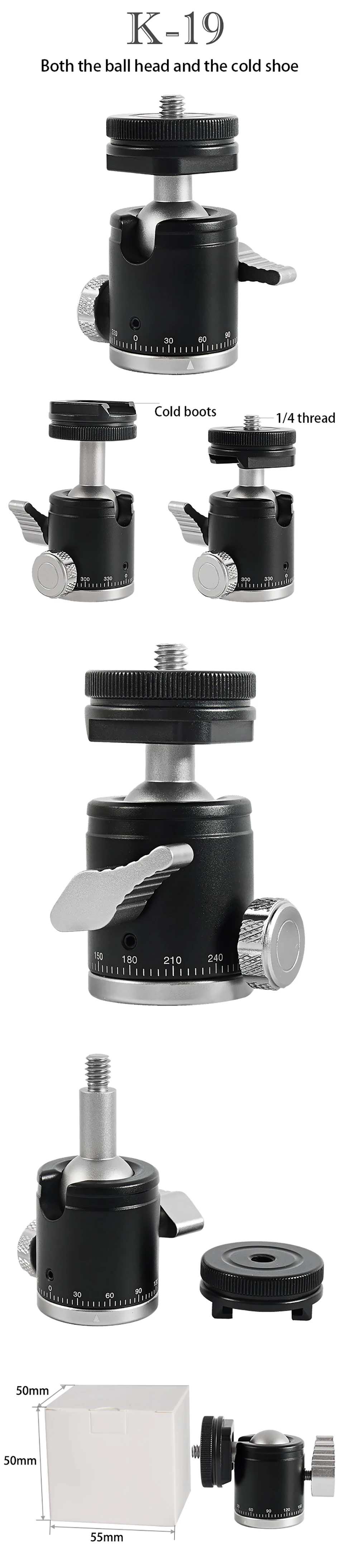 BEXIN K19 Mini Cold Shoe Ball Head Dual Use 1/4 Screw Cold Shoe Aluminum Alloy for Camera Phone Speedlite Tripod Selfie Stick