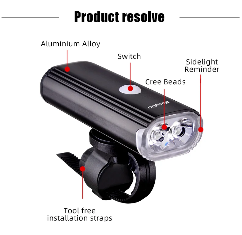 EasyDo Bicycle Front Light USB Rechargeable Bike Headlight 1000 Lumens High Power Led Flashlight for MTB Road Bike Accessories