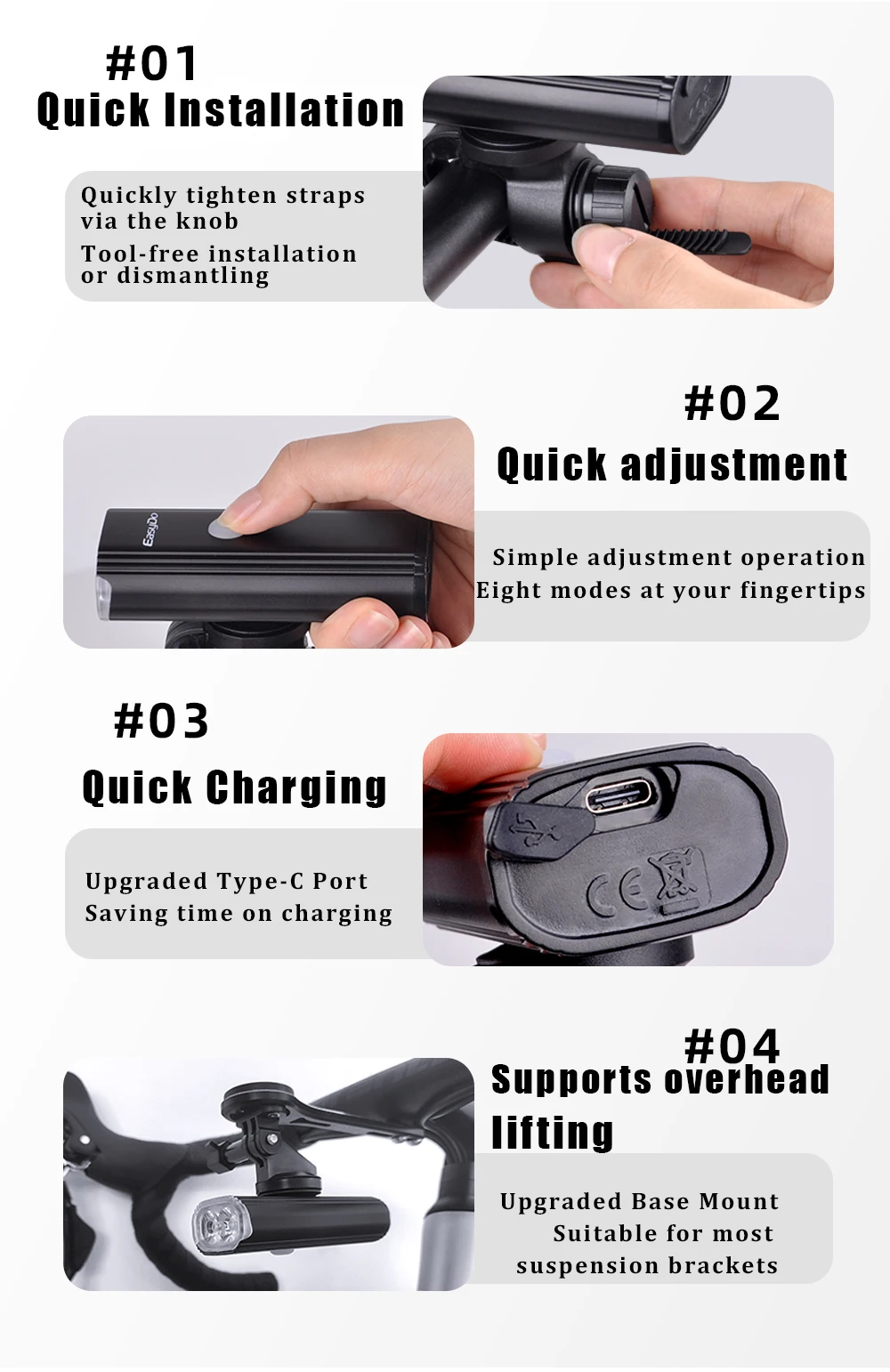 EasyDo Bicycle Front Light USB Rechargeable Bike Headlight 1000 Lumens High Power Led Flashlight for MTB Road Bike Accessories