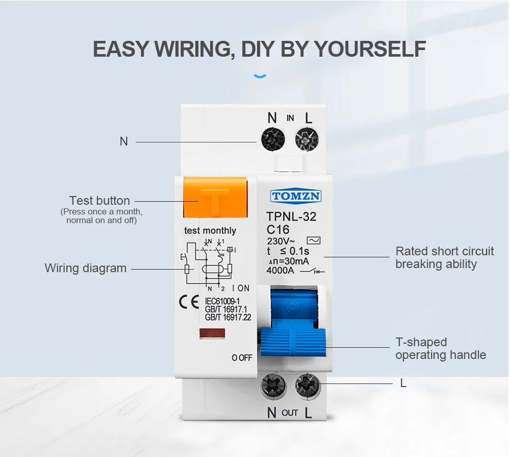 TOMZN 1PCS TPNL DPNL 230V 1P+N Residual Current Circuit Breaker With Over And Short Current Leakage Protection RCBO MCB