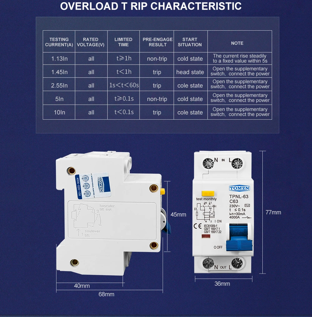 TOMZN 1PCS TPNL DPNL 230V 1P+N Residual Current Circuit Breaker With Over And Short Current Leakage Protection RCBO MCB