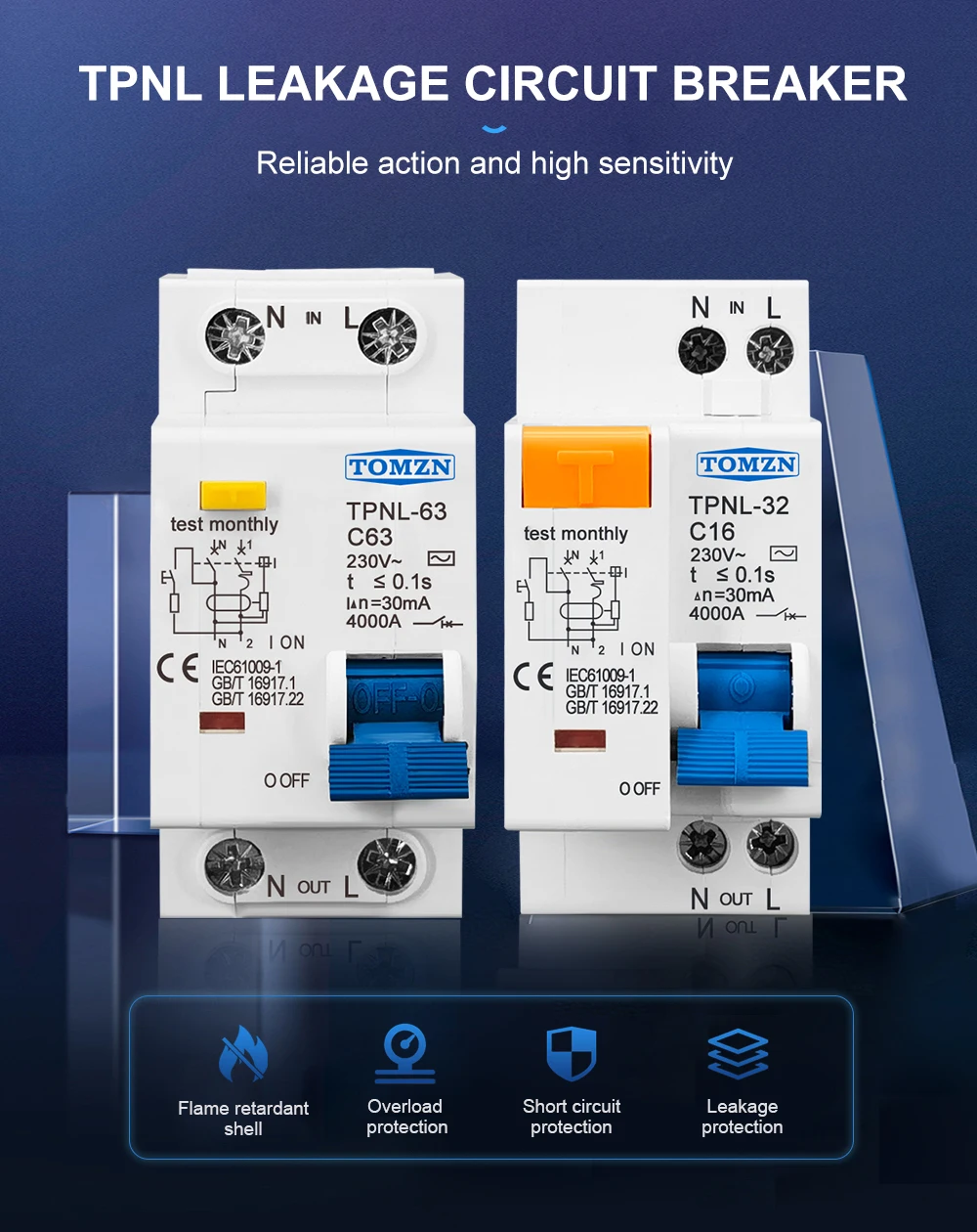 TOMZN 1PCS TPNL DPNL 230V 1P+N Residual Current Circuit Breaker With Over And Short Current Leakage Protection RCBO MCB