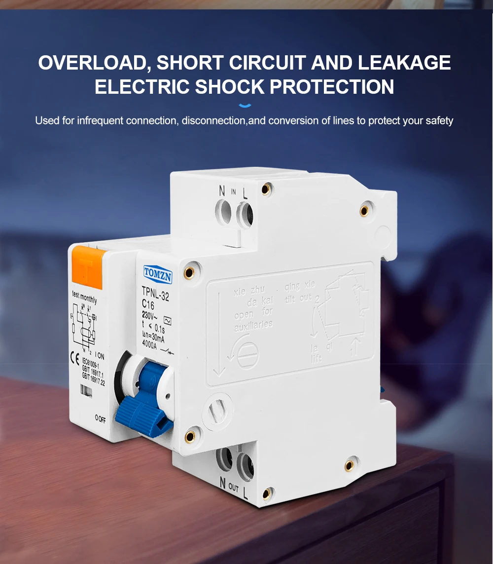 TOMZN 1PCS TPNL DPNL 230V 1P+N Residual Current Circuit Breaker With Over And Short Current Leakage Protection RCBO MCB