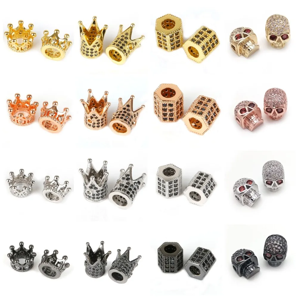 Copper Micro Pave Zircon Crystal CZ Geometry Crown Leopard Helmet Skull Loose Spacer Beads for Jewelry Making DIY Men Bracelet