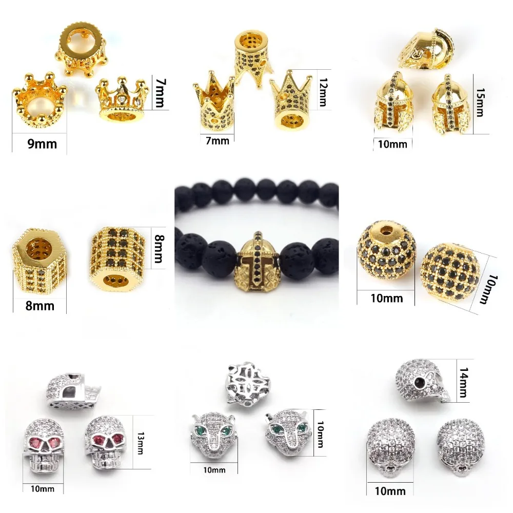 Copper Micro Pave Zircon Crystal CZ Geometry Crown Leopard Helmet Skull Loose Spacer Beads for Jewelry Making DIY Men Bracelet