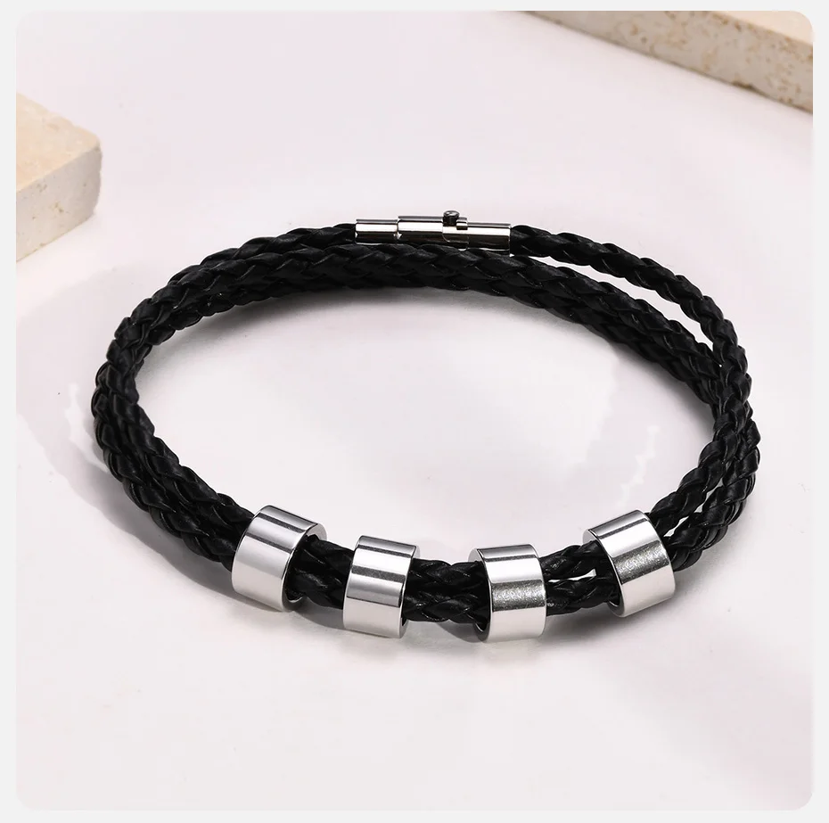 Vnox Free Custom Name Mens Braided Genuine Leather Bracelet Gifts Jewelry,Stainless Steel Beads Charm with Family Names,Dad Gift