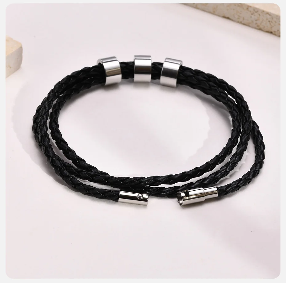 Vnox Free Custom Name Mens Braided Genuine Leather Bracelet Gifts Jewelry,Stainless Steel Beads Charm with Family Names,Dad Gift