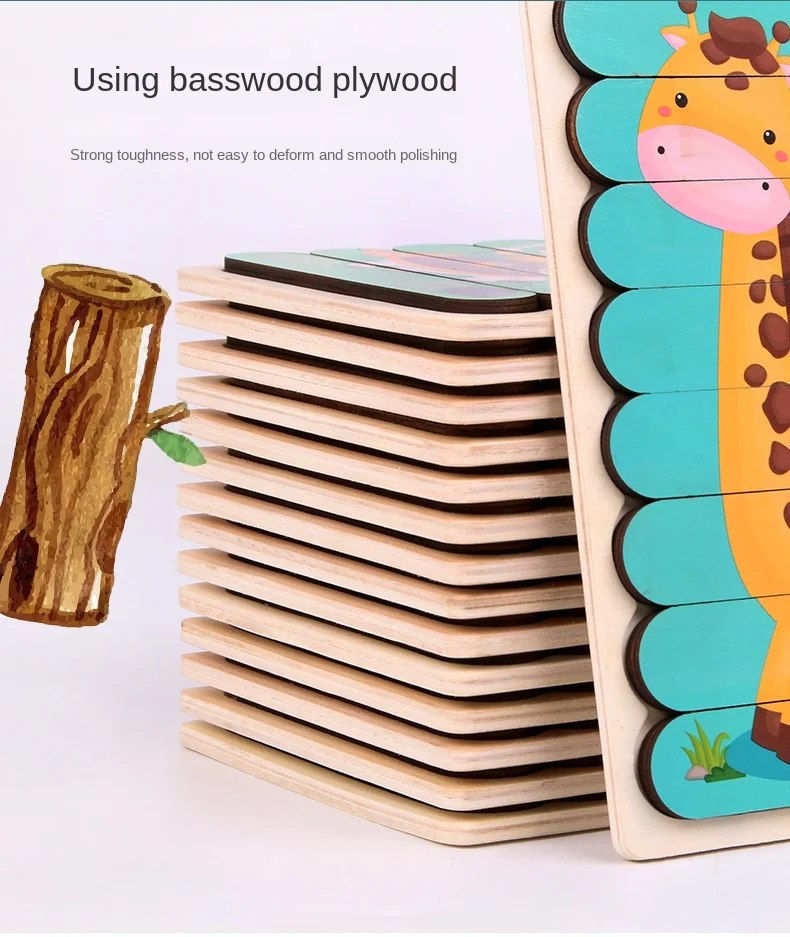 Cartoon Animal Double-sided Strip Wooden Puzzles Kids Montessori Jigsaw Game Baby Educational Toys for Children