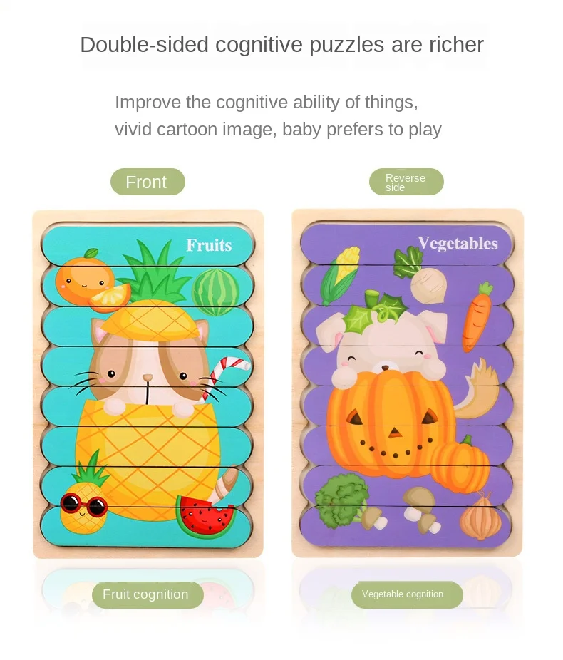 Cartoon Animal Double-sided Strip Wooden Puzzles Kids Montessori Jigsaw Game Baby Educational Toys for Children