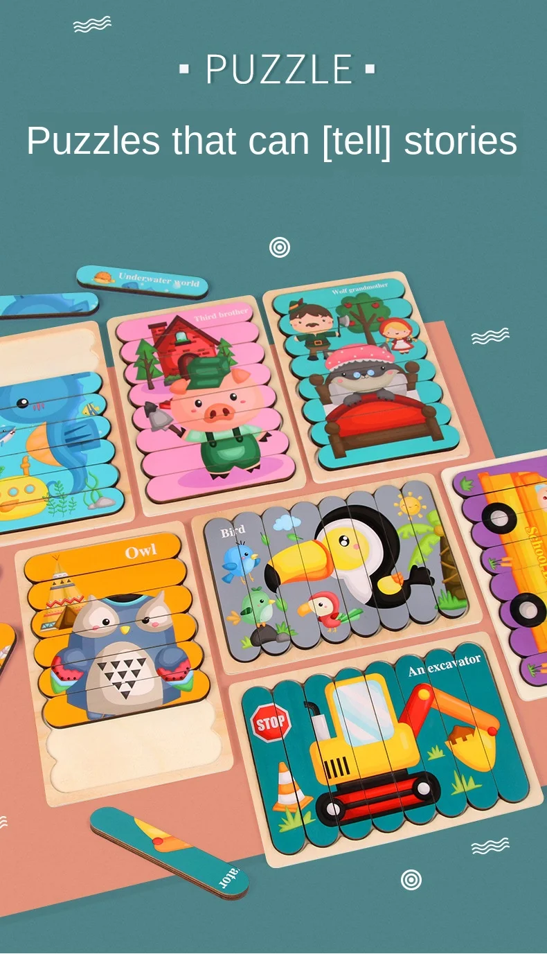 Cartoon Animal Double-sided Strip Wooden Puzzles Kids Montessori Jigsaw Game Baby Educational Toys for Children