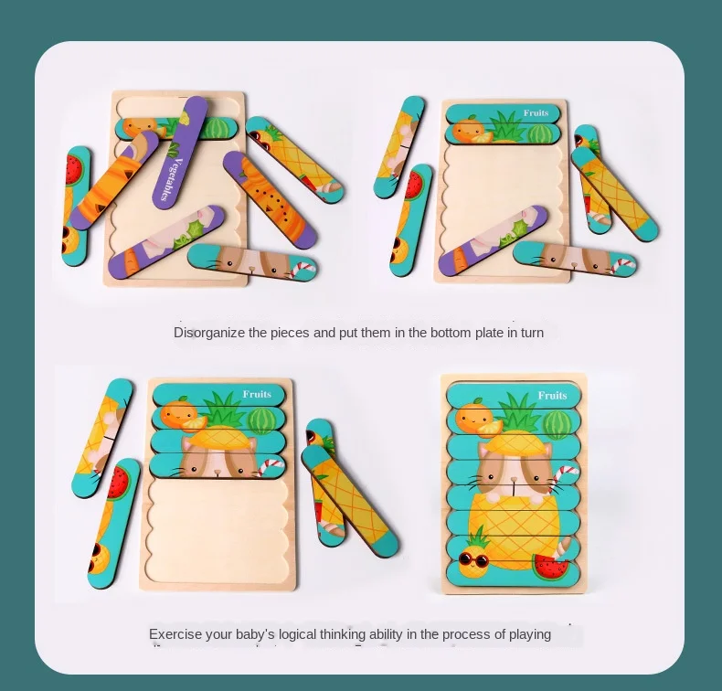 Cartoon Animal Double-sided Strip Wooden Puzzles Kids Montessori Jigsaw Game Baby Educational Toys for Children