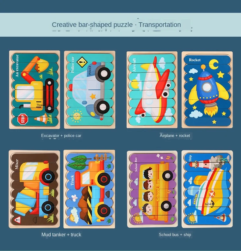 Cartoon Animal Double-sided Strip Wooden Puzzles Kids Montessori Jigsaw Game Baby Educational Toys for Children