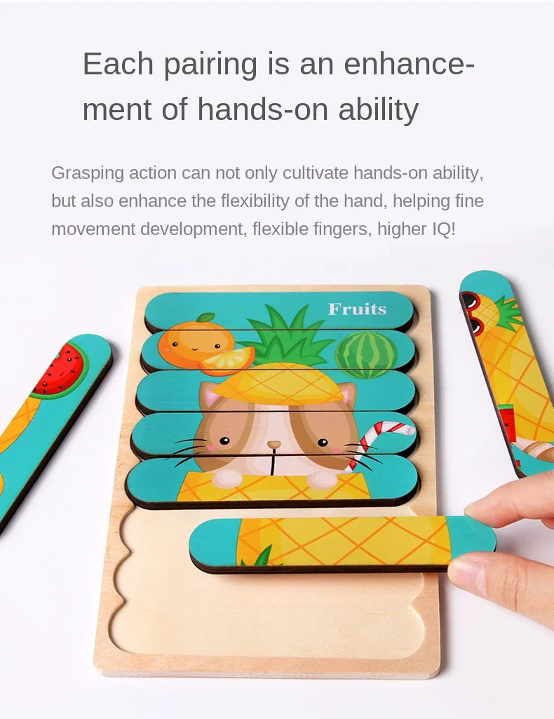 Cartoon Animal Double-sided Strip Wooden Puzzles Kids Montessori Jigsaw Game Baby Educational Toys for Children