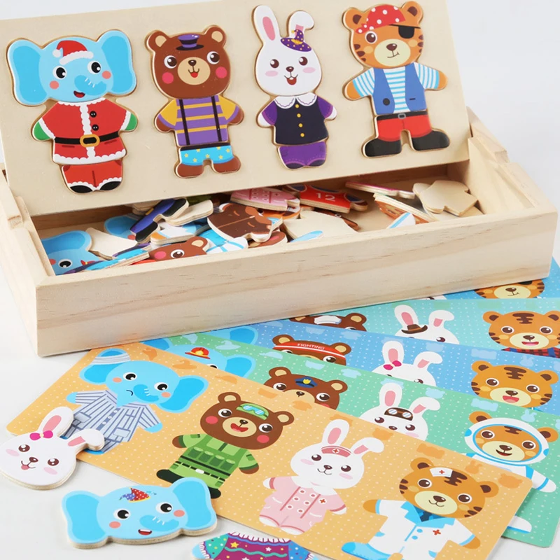 QWZ Little Bear Change Clothes Children's Early Education Wooden Jigsaw Puzzle Dressing Game Baby Puzzle Toys For Children Gift
