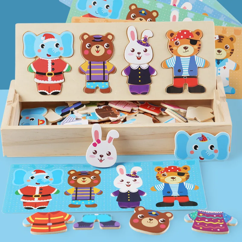 QWZ Little Bear Change Clothes Children's Early Education Wooden Jigsaw Puzzle Dressing Game Baby Puzzle Toys For Children Gift
