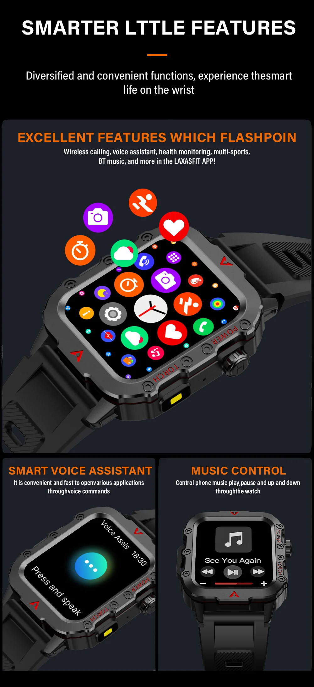 LAXASFIT New Men's Smart Watch LED Flashlight Outdoor Sports Smart Watch Wristwatch Health Monitoring Smart Watch