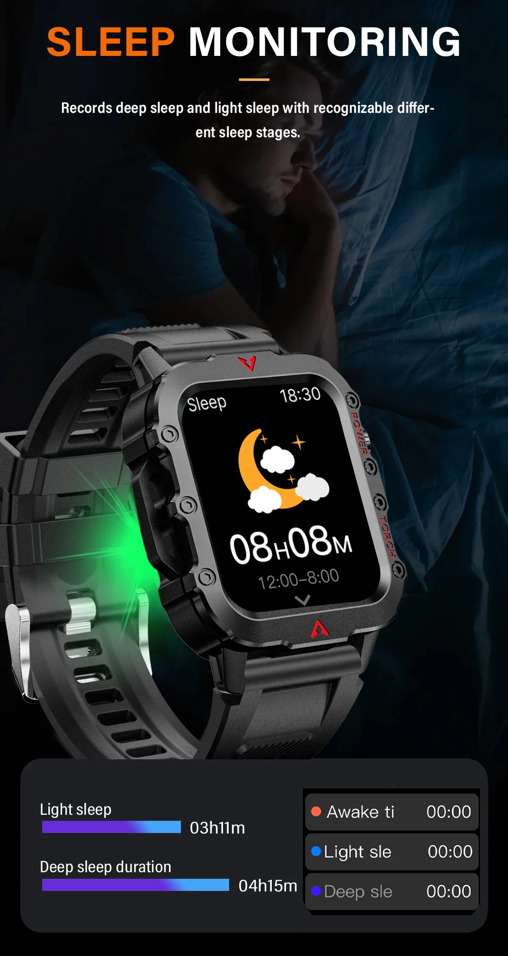 LAXASFIT New Men's Smart Watch LED Flashlight Outdoor Sports Smart Watch Wristwatch Health Monitoring Smart Watch