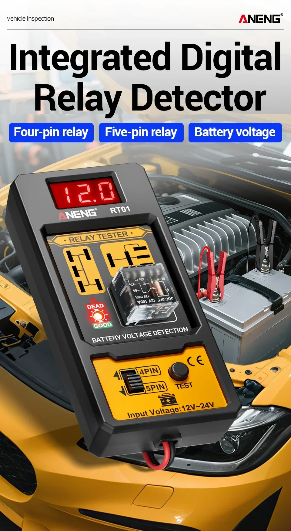 ANENG 11-25V Relay Detector RT01 Digital Universal 4/5 Pins Car Battery Vehicle Detection Digital Display Voltage Battery Tester