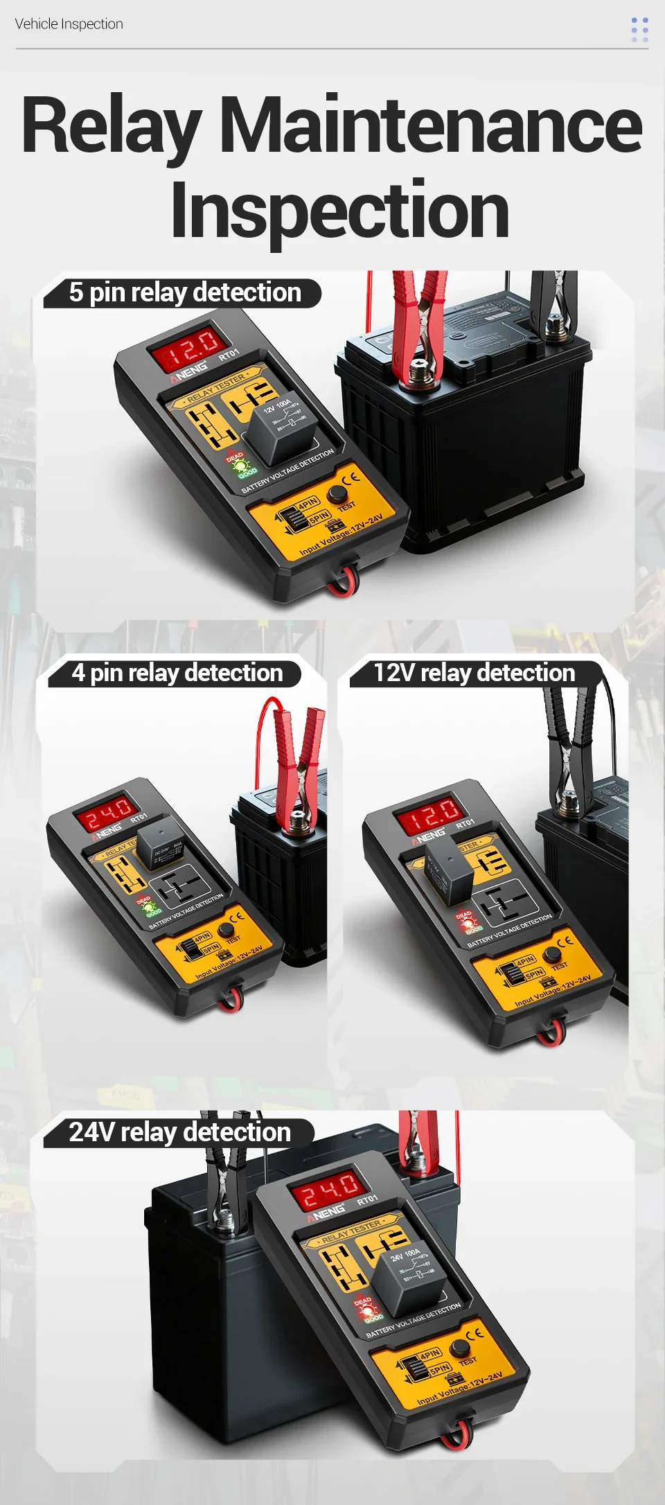 ANENG 11-25V Relay Detector RT01 Digital Universal 4/5 Pins Car Battery Vehicle Detection Digital Display Voltage Battery Tester