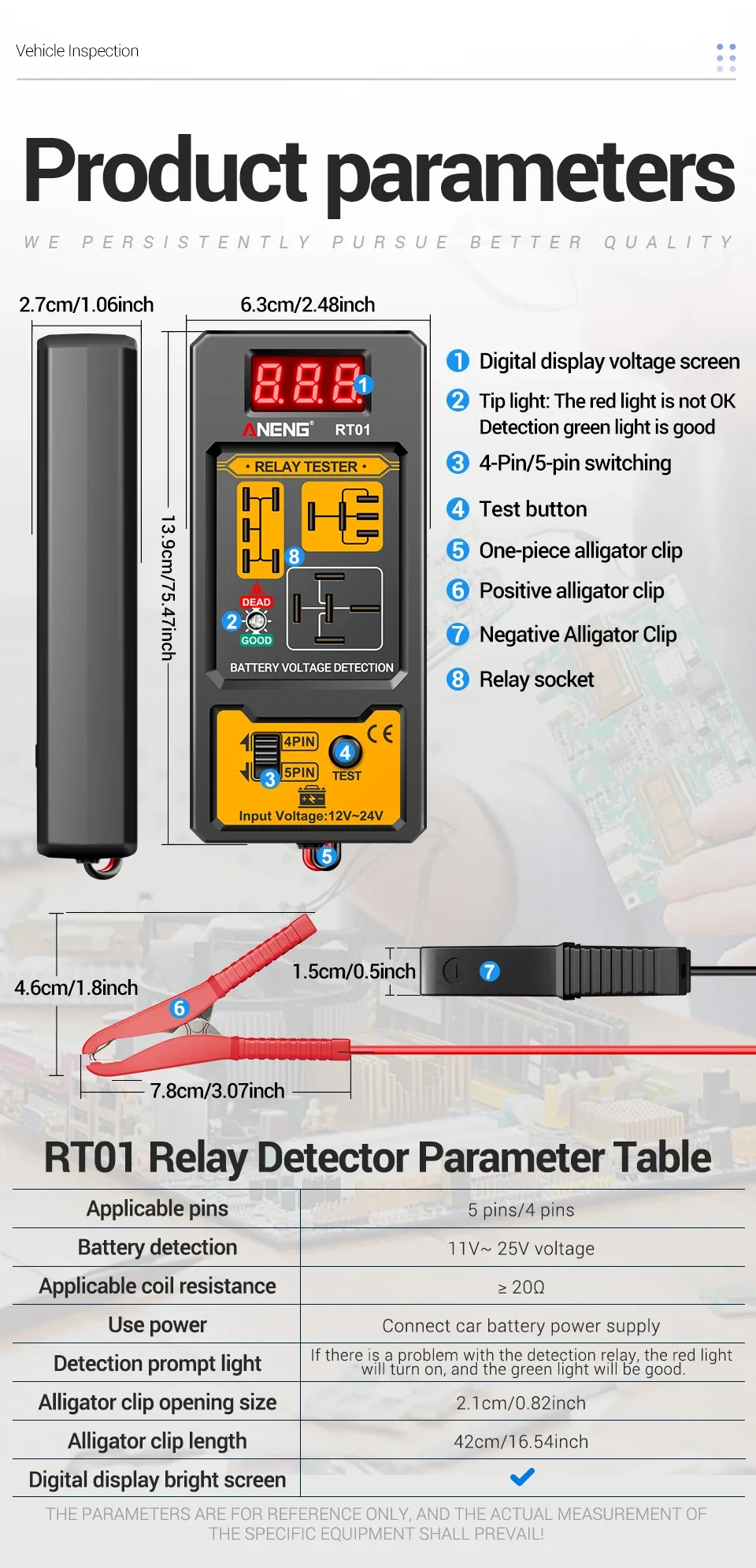 ANENG 11-25V Relay Detector RT01 Digital Universal 4/5 Pins Car Battery Vehicle Detection Digital Display Voltage Battery Tester