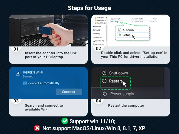 UGREEN WiFi Adapter AX900 AX1800 AC1300 WiFi6/5 5GHz&2.4GHz USB WiFi Dongle Antenna for Desktop Laptop USB Ethernet Network Card