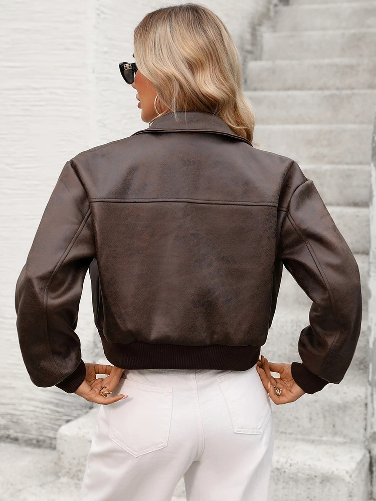 Ailegogo New Women Vintage Short Faux Leather Jacket Zipper Pocket Turn-down Collar Elastic Hem Coat Outwear