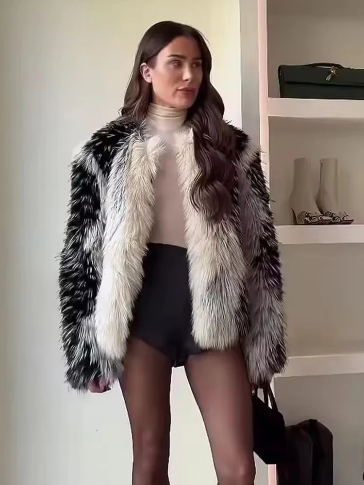 Chic Street Faux Fur Jacket Women Short Coat Elegant Fluffy Loose Warm Long Sleeve Female Outwear 2025 Autumn Winter Lady Jacket