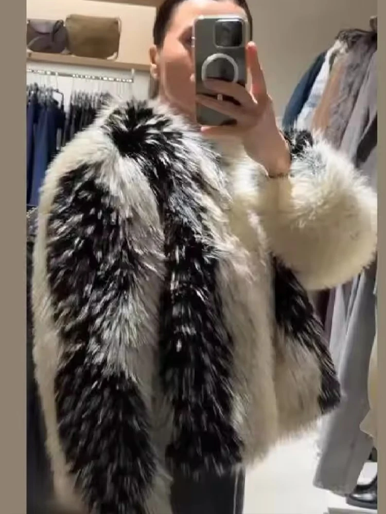 Chic Street Faux Fur Jacket Women Short Coat Elegant Fluffy Loose Warm Long Sleeve Female Outwear 2025 Autumn Winter Lady Jacket