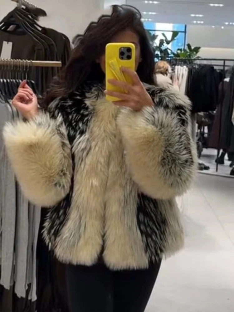 Chic Street Faux Fur Jacket Women Short Coat Elegant Fluffy Loose Warm Long Sleeve Female Outwear 2025 Autumn Winter Lady Jacket