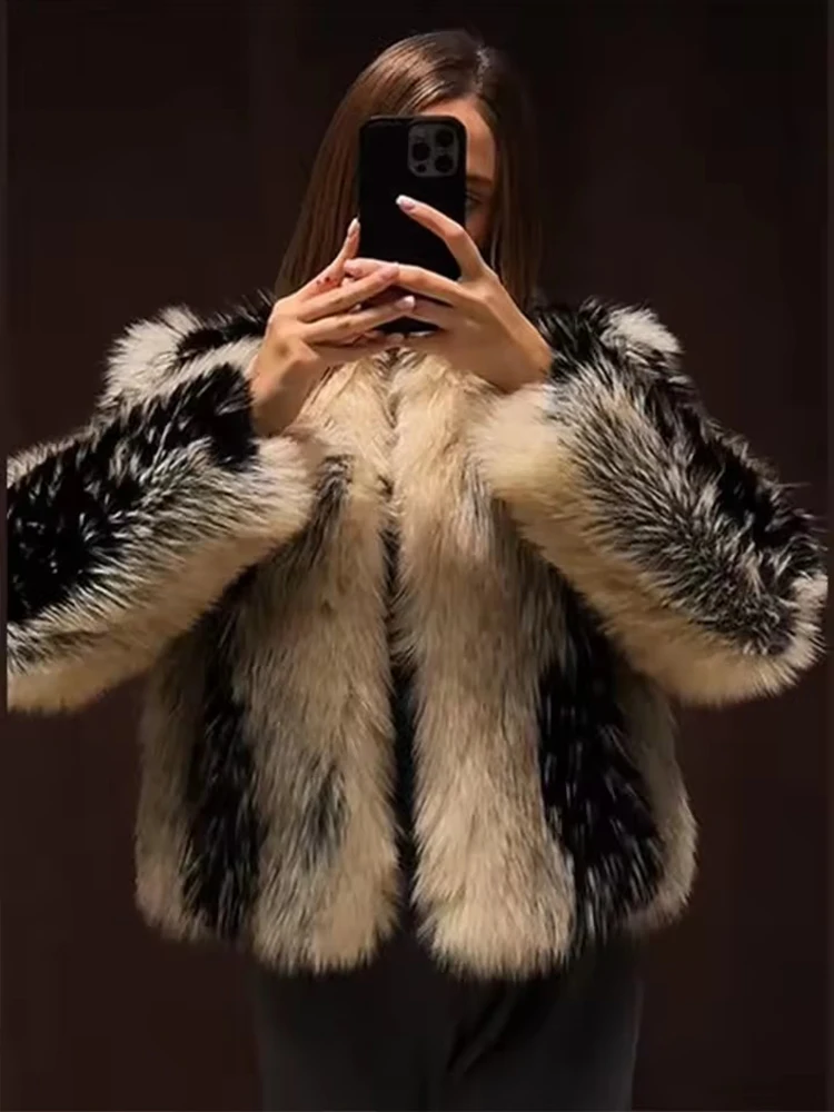 Chic Street Faux Fur Jacket Women Short Coat Elegant Fluffy Loose Warm Long Sleeve Female Outwear 2025 Autumn Winter Lady Jacket