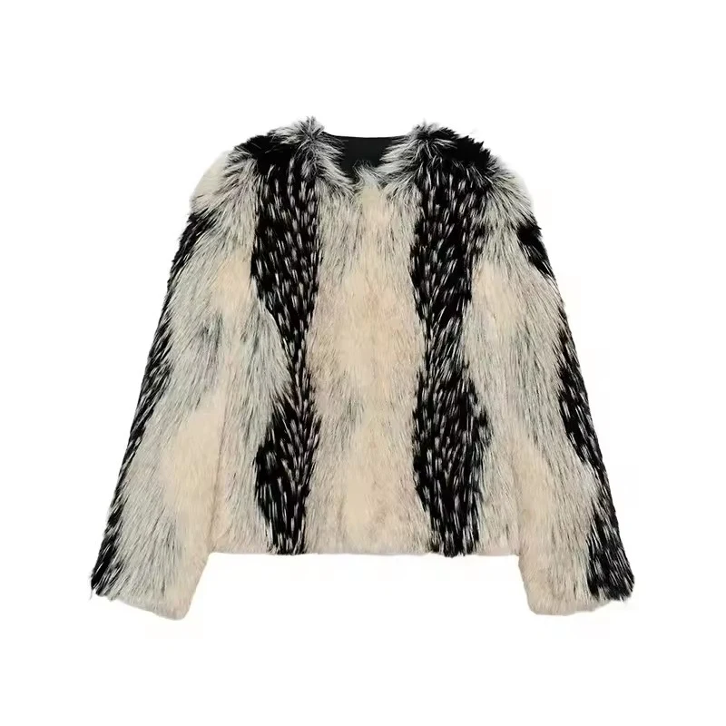 Chic Street Faux Fur Jacket Women Short Coat Elegant Fluffy Loose Warm Long Sleeve Female Outwear 2025 Autumn Winter Lady Jacket