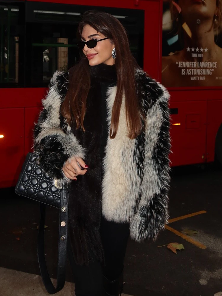 Chic Street Faux Fur Jacket Women Short Coat Elegant Fluffy Loose Warm Long Sleeve Female Outwear 2025 Autumn Winter Lady Jacket