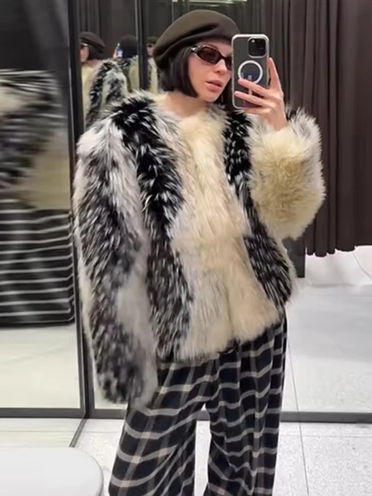 Chic Street Faux Fur Jacket Women Short Coat Elegant Fluffy Loose Warm Long Sleeve Female Outwear 2025 Autumn Winter Lady Jacket